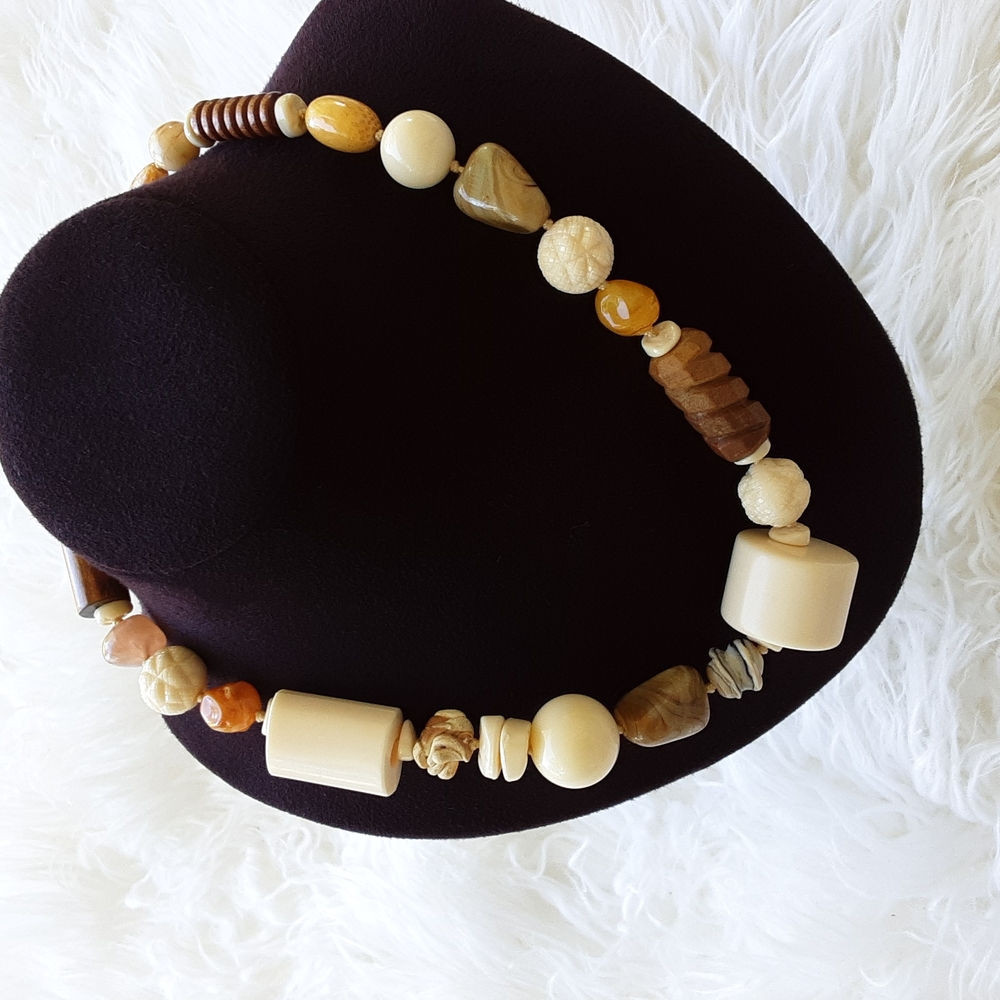 Rare Vintage Signed Les Bernard Inc Faux Ivory and Wood Necklace